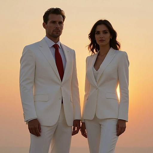 Photograph of a tall, dark-haired man in a white suit with red tie, and a dark-haired woman in a white suit, standing silhou