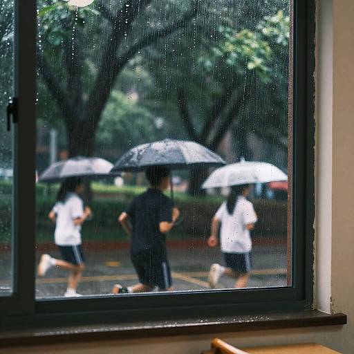 Photograph of three people walking in the rain outside a window, holding umbrellas, with blurred green trees in the background.