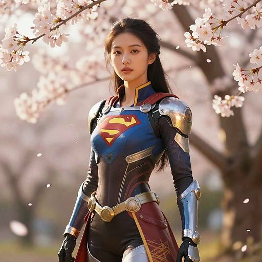 Photograph-style digital art of an Asian woman in a Superman-inspired armor suit, standing amidst blooming cherry blossoms, with sunlight filtering through petals.