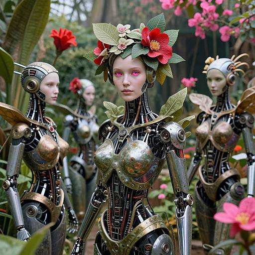 Photorealistic CGI of three futuristic, metallic female robots with flower crowns, pink eyes, and leaf accents, standing in a lush, flower-filled