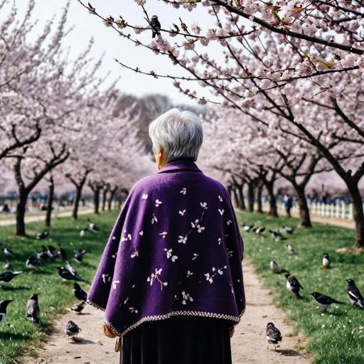Elderly Woman Walking in Cherry Blossom Orchard