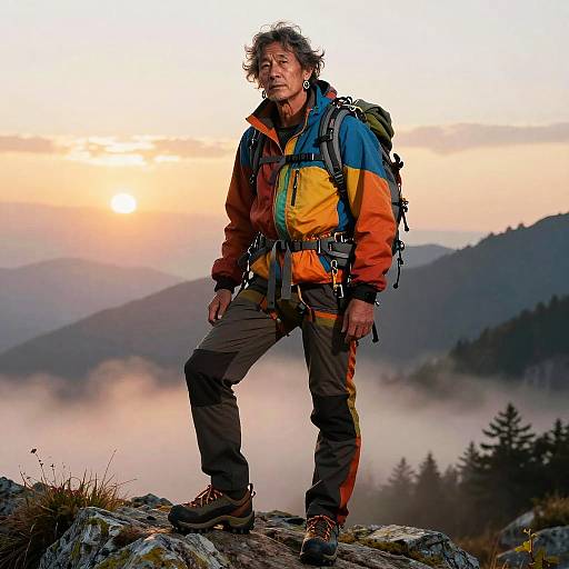 Photograph of a middle-aged man with curly hair, wearing a colorful hiking jacket and backpack, standing on a rocky mountain peak at sunrise, with mist