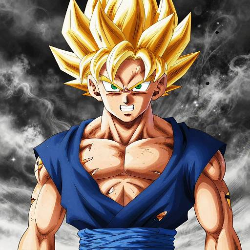 Digital drawing of muscular Super Saiyan Son Goku with spiky blonde hair, green eyes, and blue torn shirt, against a smoky black background.