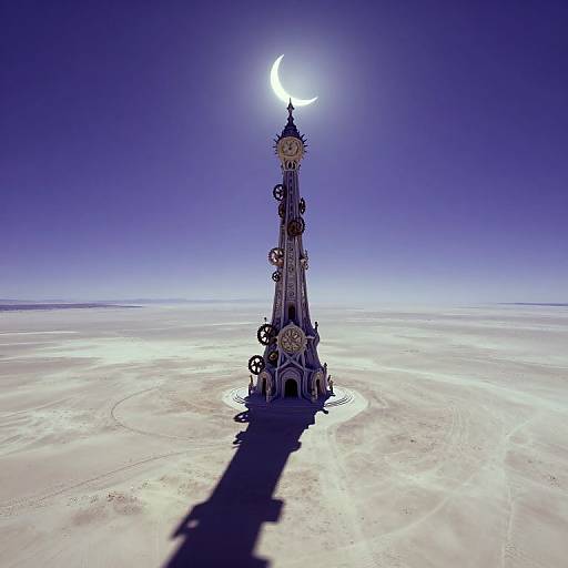 Surreal photograph of a clock tower with gears and a crescent moon at the top, casting a shadow over a vast, sandy desert under a