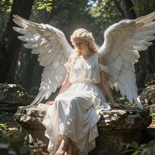 Photograph of a blonde, angelic woman with large white wings, wearing a flowing white dress, sitting on a sunlit stone bench in a forest