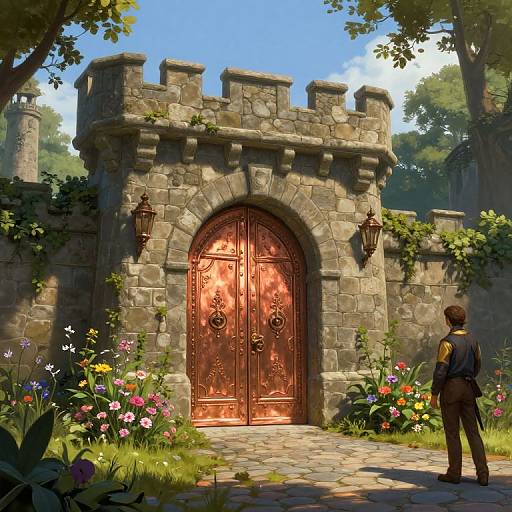 Digital painting of a medieval stone gate with ornate, glowing red wooden doors, surrounded by vibrant flowers and greenery, with a young boy in a