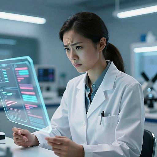 Photograph of focused Asian woman in white lab coat, black hair in ponytail, using glowing blue holographic tablet in modern lab.