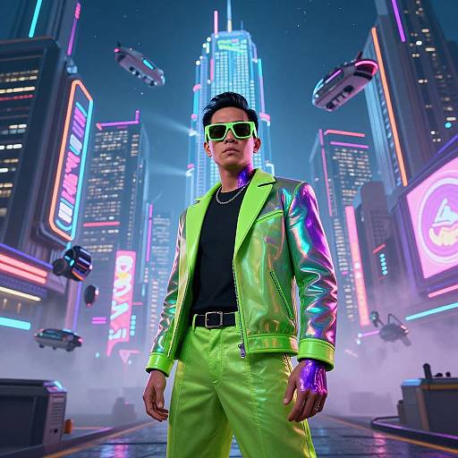 Neon-lit cyberpunk cityscape featuring a confident Asian man in a shiny green jacket, lime pants, green sunglasses, and black shirt. Hover