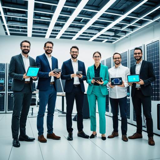 Tech Professionals with Futuristic Eco-Friendly Gadgets