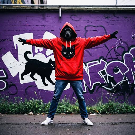 Dog Wearing Red Hoodie Against Graffiti Wall