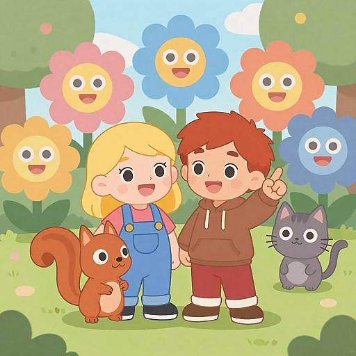 Playful Children in a Colorful Garden