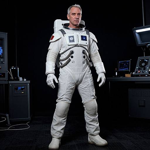 Photograph of a middle-aged man in a white astronaut suit, standing in a dark control room with computer equipment.