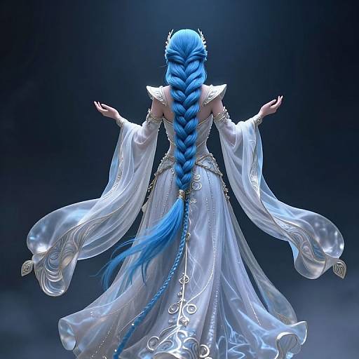 Digital art of a fairy-like woman with long, vivid blue braid, wearing a flowing, white, translucent gown, arms outstretched, against