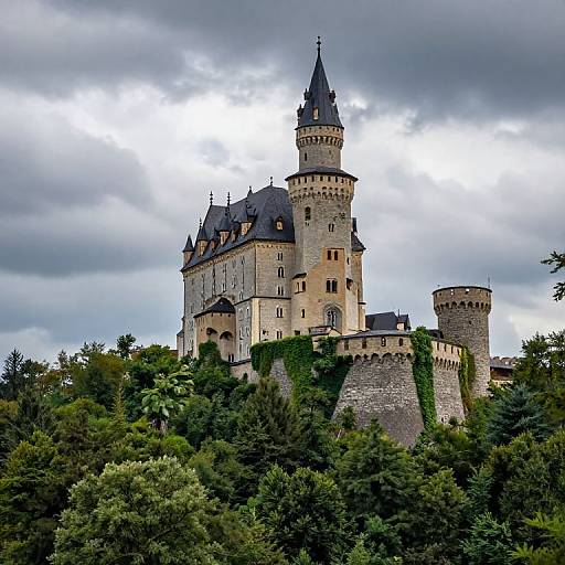Photograph of a medieval stone castle with tall, pointed towers, dark blue roofs, and ivy-covered walls, set amid dense greenery under a