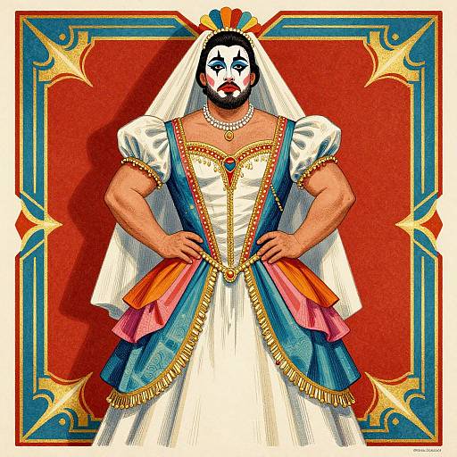 Colorful digital illustration of a muscular man with a white beard and painted white face, wearing a royal, ornate white and blue dress, pearl necklace