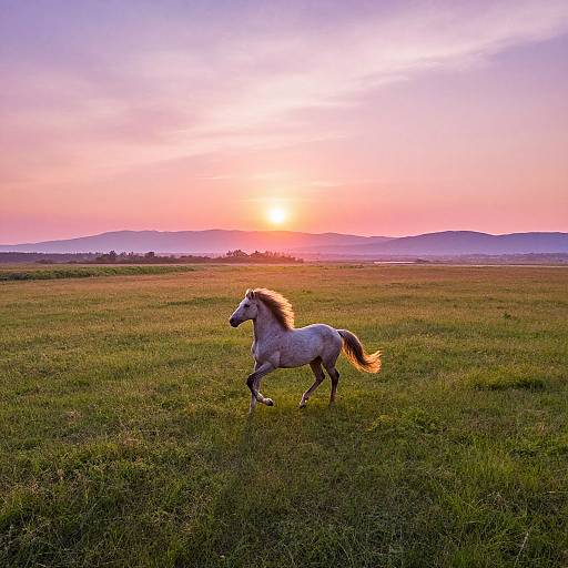 Photograph of a white horse with a flowing mane galloping in a green field at sunset, with a pink and orange sky and distant hills.