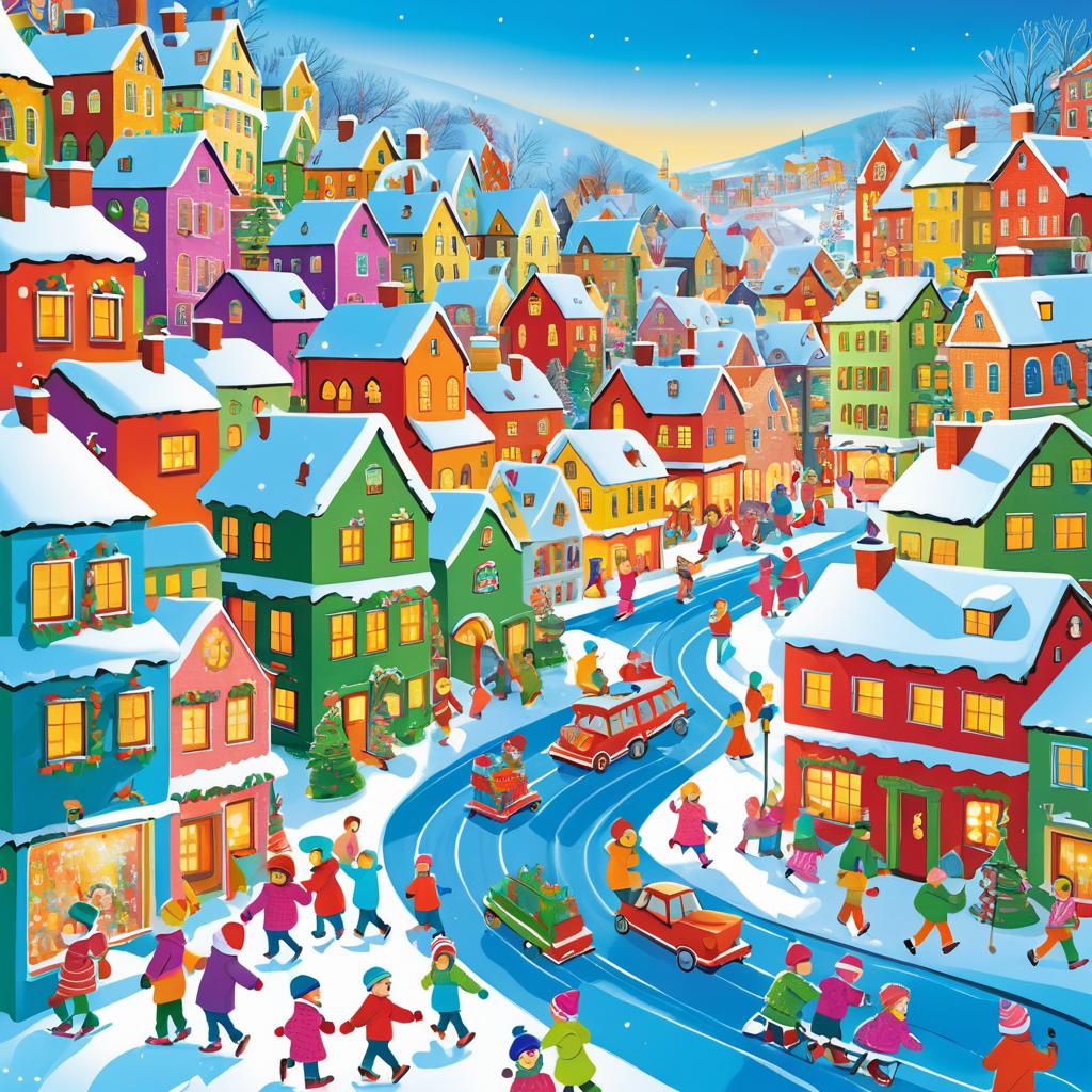 Whimsical Snowy Village Adventure Illustration