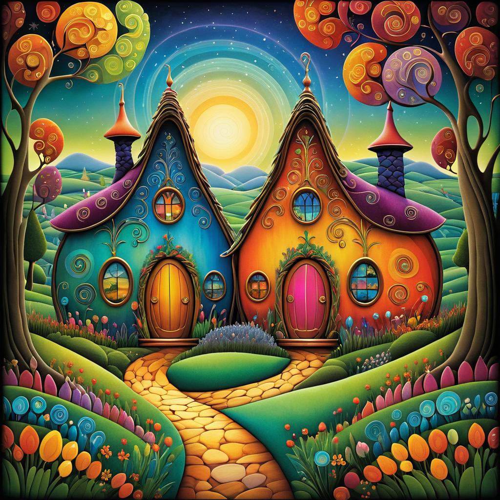 Whimsical Rabbits in a Colorful Cottage