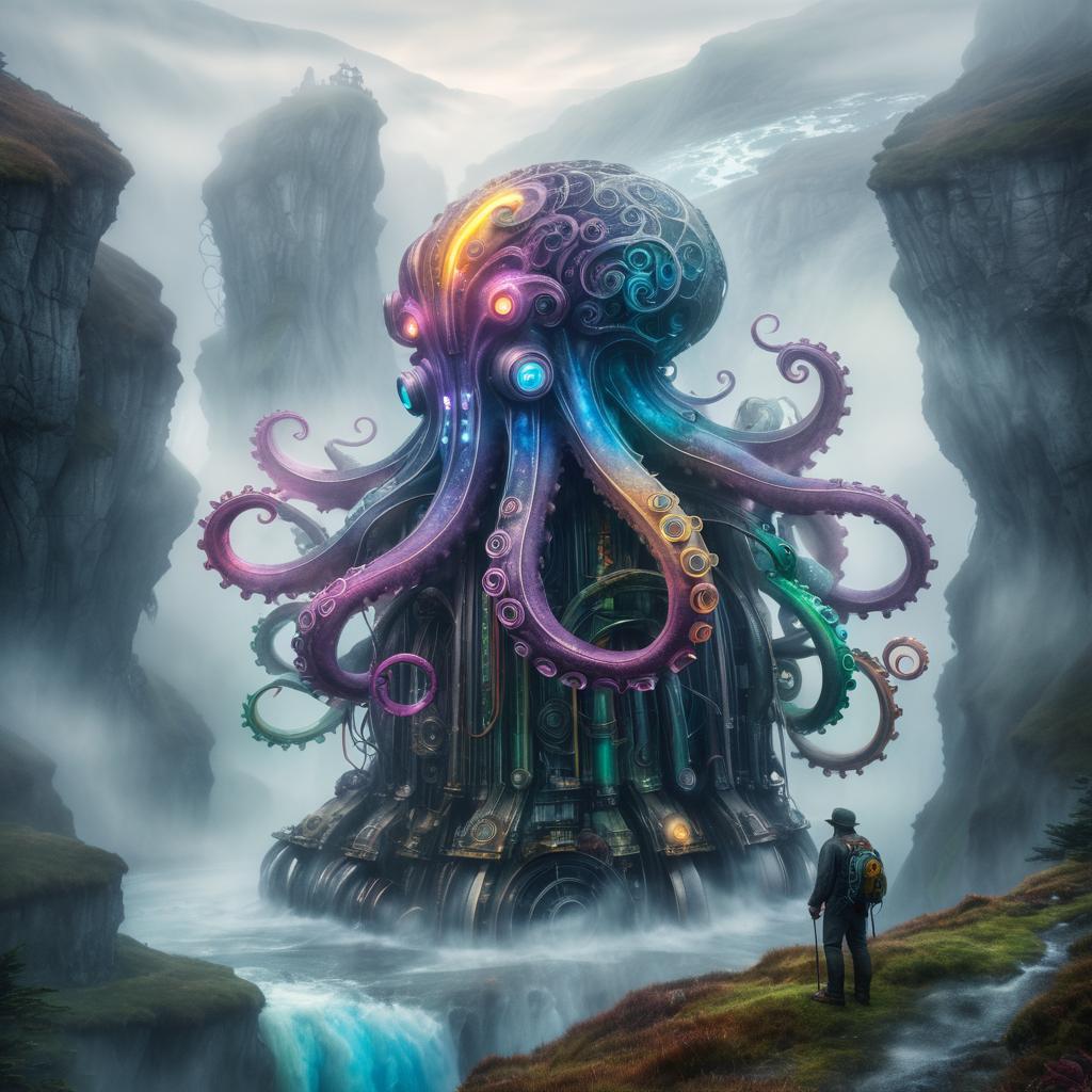 Cinematic Mechanical Octopus in Misty Valley