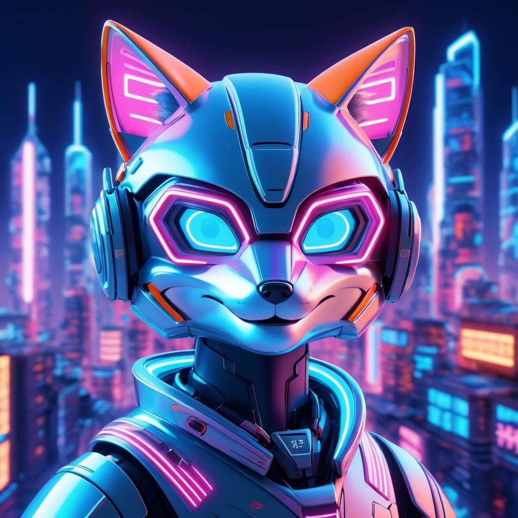 Cheerful Robot Fox in Neon Cityscape