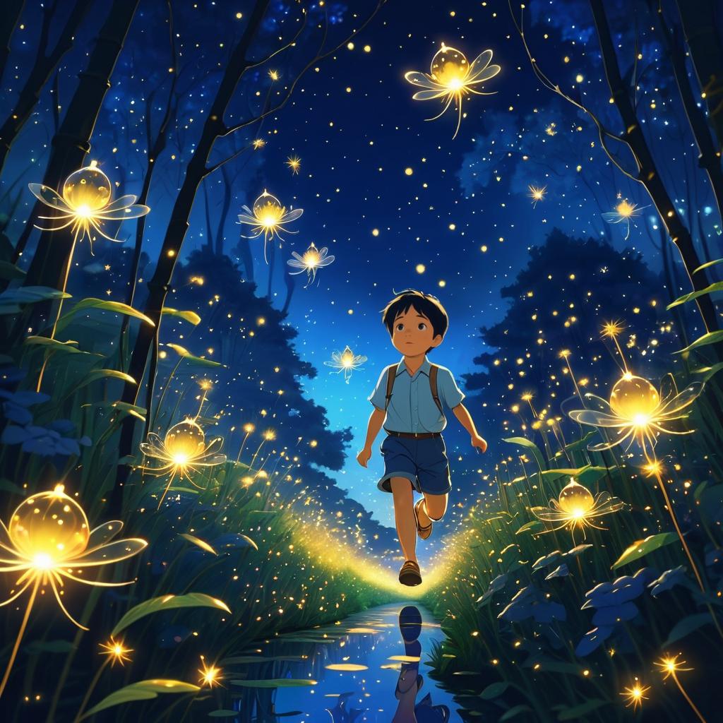 Whimsical Boy Chasing Fireflies at Dusk