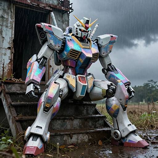 Photorealistic CGI of a colorful, humanoid robot with glowing panels, sitting on a rusted, dilapidated structure in a rainy, overcast