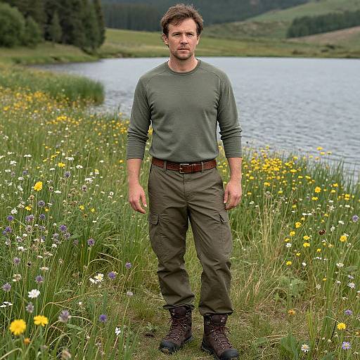Photograph of a serious, brown-haired man in a green long-sleeve shirt, olive pants, brown belt, and boots, standing in a
