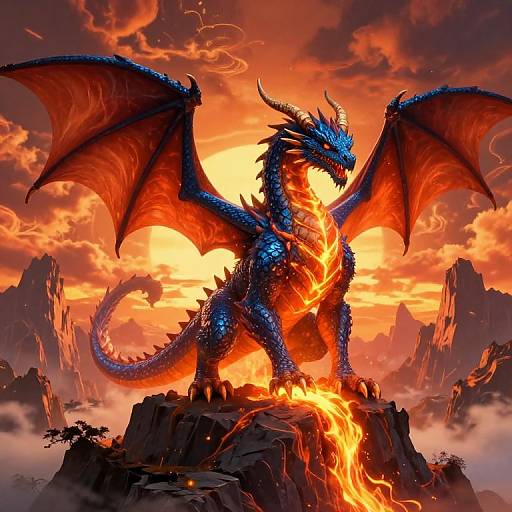 Digital art of a fiery blue dragon with red wings standing on a mountain peak, surrounded by erupting lava and an orange-red sky.