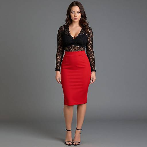 Photograph of a woman with dark hair, wearing a black lace long-sleeve top and red knee-length skirt, standing against a gray background,