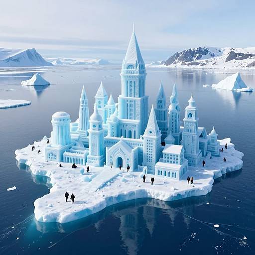 Photorealistic CGI of an ice castle with spires and towers floating on a calm, icy ocean, surrounded by small, dark figures. Snow-covered