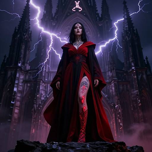 Digital artwork of a dark-haired woman in a red and black Gothic dress, standing on a rock, with lightning bolts behind her in front of a cathedral