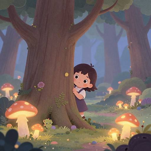 Digital illustration of a shy girl with black hair hiding behind a tree in a magical forest filled with glowing mushrooms and colorful flowers.