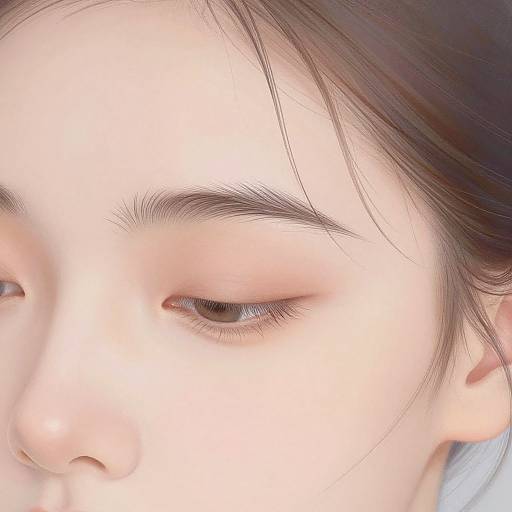 Close-up photograph of an Asian woman's face with light skin, brown eyes, and dark, slightly wavy hair, looking downward. Soft, natural