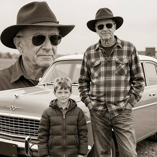 Sepia Portrait of Man and Boy with Vintage Car