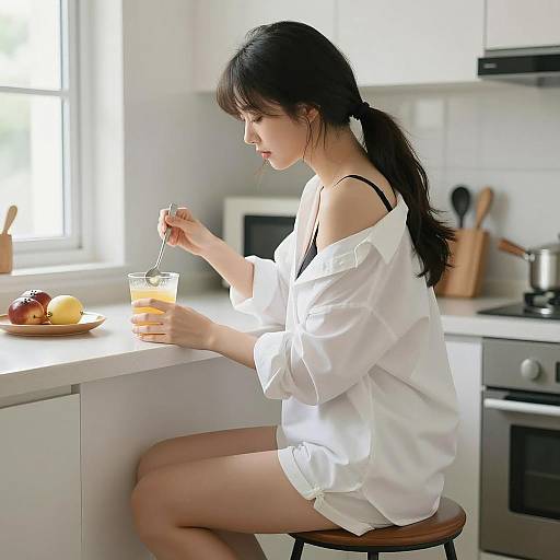 Asian Woman Cooking in Bright Kitchen
