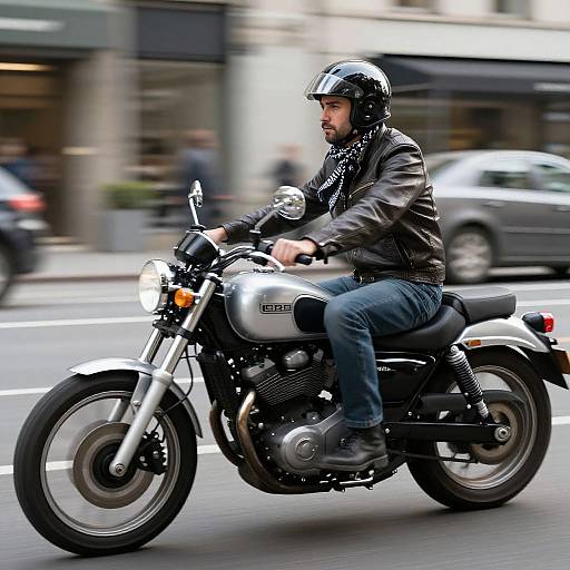 Photograph of a bearded man in a black leather jacket and helmet riding a silver Honda motorcycle on a busy urban street. Blurred background includes cars