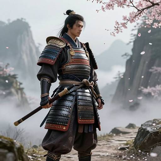 Samurai standing in a misty, cherry blossom-filled landscape, wearing detailed black and red armor, holding a katana, with mountains in the background