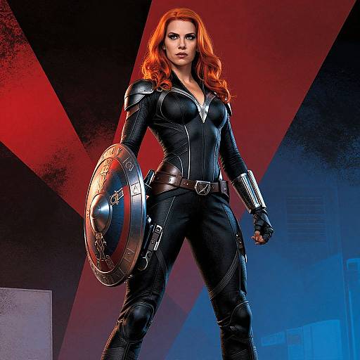 Photorealistic CGI of a red-haired woman in black, armored superhero suit with a shield, standing confidently against a red and blue radial background.