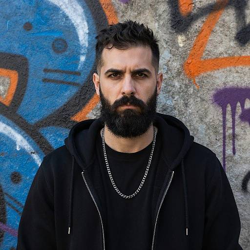 Photograph of a serious, bearded man with dark hair, wearing a black hoodie and silver chain, against a colorful graffiti wall.