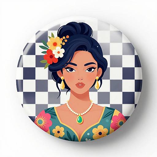 Digital illustration of a beautiful Latina woman with dark hair in a bun, adorned with flowers, wearing a floral dress and pearl necklace, against a black and