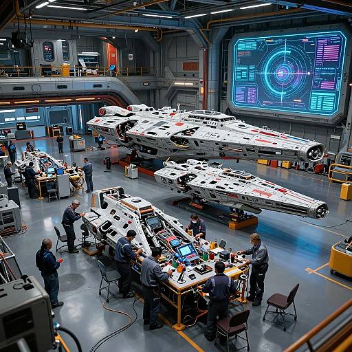 Photograph of a bustling spaceship hangar with multiple white starfighters, technicians working at tables, and a large holographic control display.