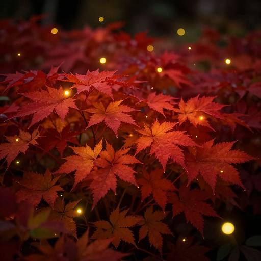 Photograph of vibrant red-orange maple leaves illuminated by small, glowing fairy lights, creating a magical, autumnal night scene.