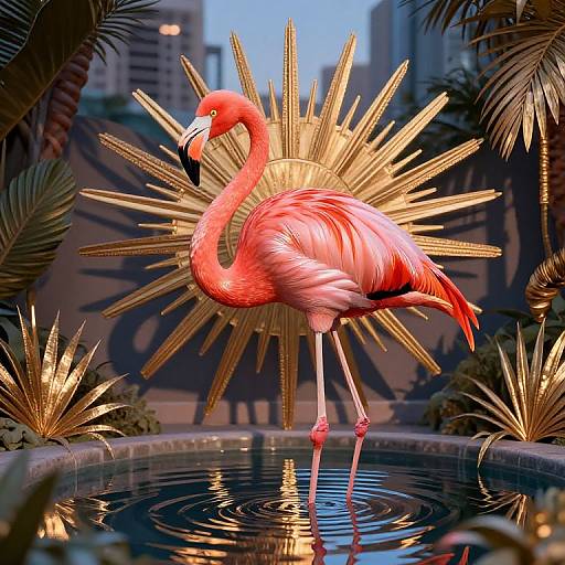 Photograph of a vibrant pink flamingo with golden sunburst halo, standing in a reflective water pool, surrounded by illuminated palm leaves and urban cityscape