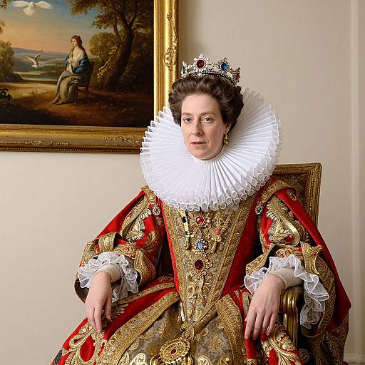 Photograph of a regal woman in ornate, gold-embroidered red gown with white ruffled collar, crown, seated before a landscape