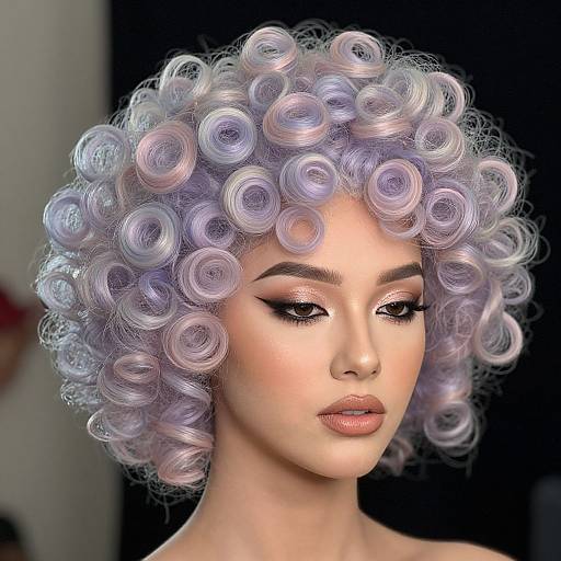 Digital portrait of a woman with pastel purple, curly, bubble-like hair, flawless skin, and subtle makeup, against a dark background.