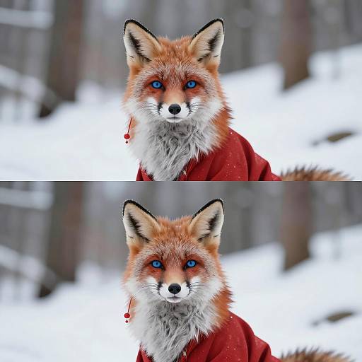 Anthropomorphic Fox in Red Robe in Snowy Forest