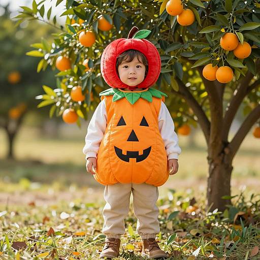 Child in Pumpkin Costume by Orange Tree