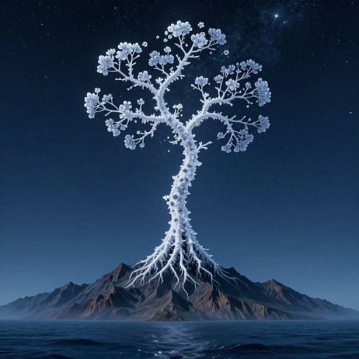 Digital artwork of a glowing, white, crystalline tree with intricate branches and flowers, rooted on a dark, mountainous island under a starry night