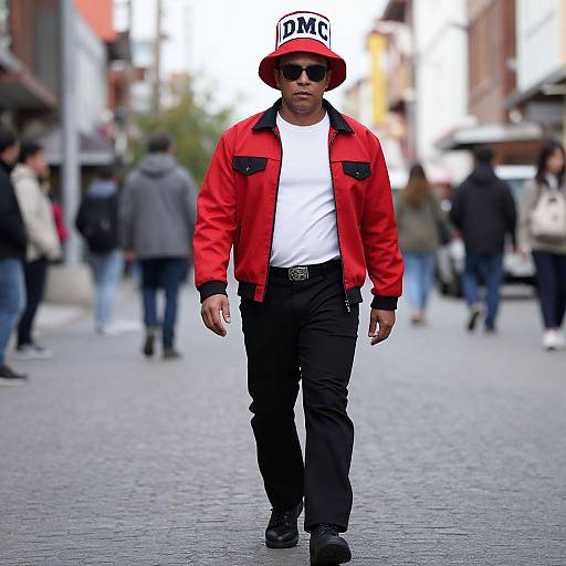 Photograph of a Black man in a red jacket, white tee, black pants, and red hat, walking down a busy urban street. Blurred