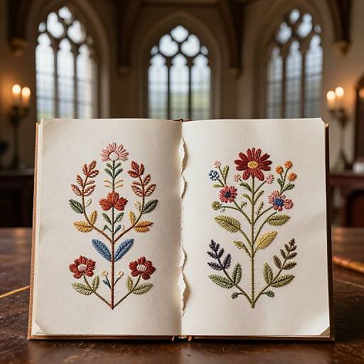 Photograph of an open handmade journal with detailed, colorful botanical illustrations of red and mixed flowers, set on a wooden table in a dimly lit,